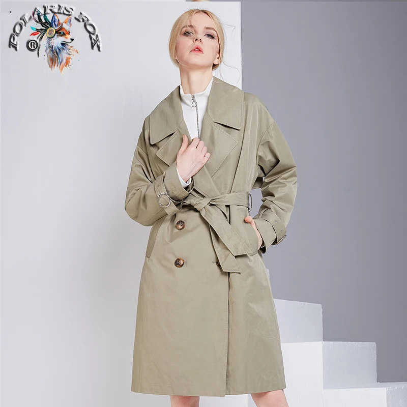 Autumn Winter Trench Coat With Belt for Women Leader Adjustable Waist And Sleeve Slim Solid Green Thin Waterproof | Женская одежда