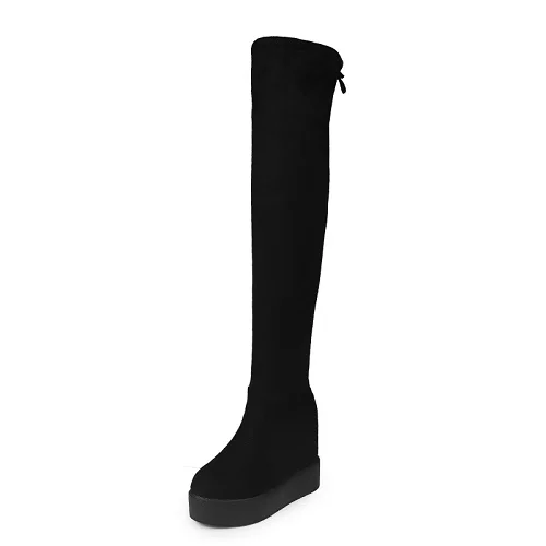 Moxxy/высокие сапоги до бедра замшевые зимние сапоги на платформе женские ботфорты теплая обувь на меху на высоком каблуке-танкетке женские высокие сапоги - Цвет: Black