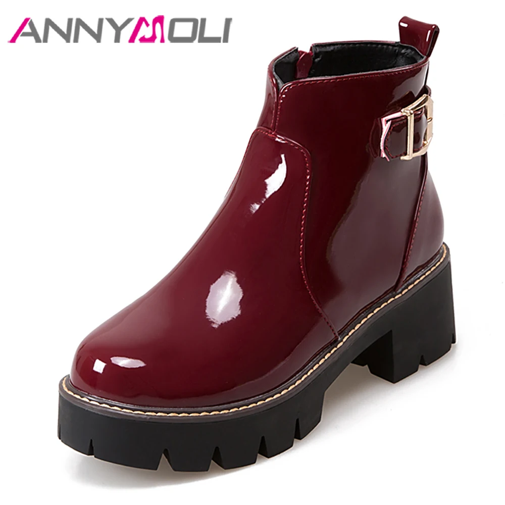 

ANNYMOLI Winter Women Boots Ankle Boots Zipper Patent Leather Med Heel Short Boots Buckle Platform Block Heel Shoes Lady Size 43