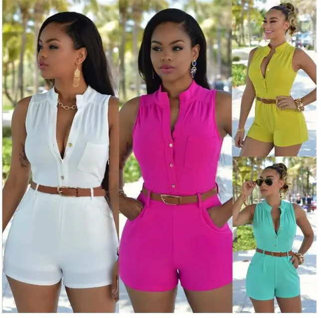 1 piece Summer Jumpsuit Sleeveless Short Sexy Deep V neck button Slim