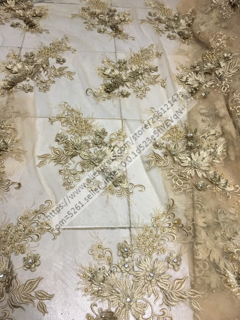 

Top quality BZL-4202 embroidery tulle mesh lace fabric 3d flower with beads in gold color for party dress