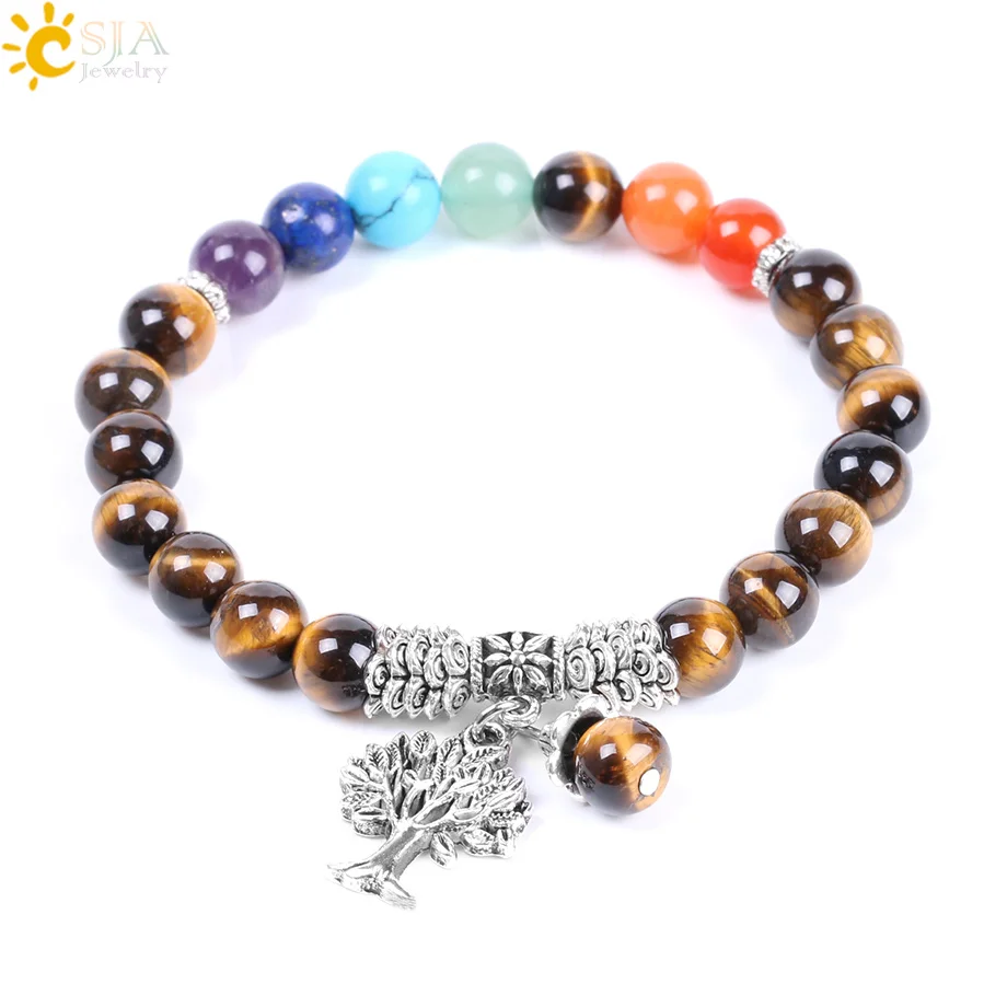 Bracelet œil de tigre pour hommes, perles en pierre naturelle, 7 chakras, corde élastique, couleur argent, arbre de vie, bijoux bracelet pierre naturelle bracelet pierre naturelle femme bracelet perles pierre naturelle