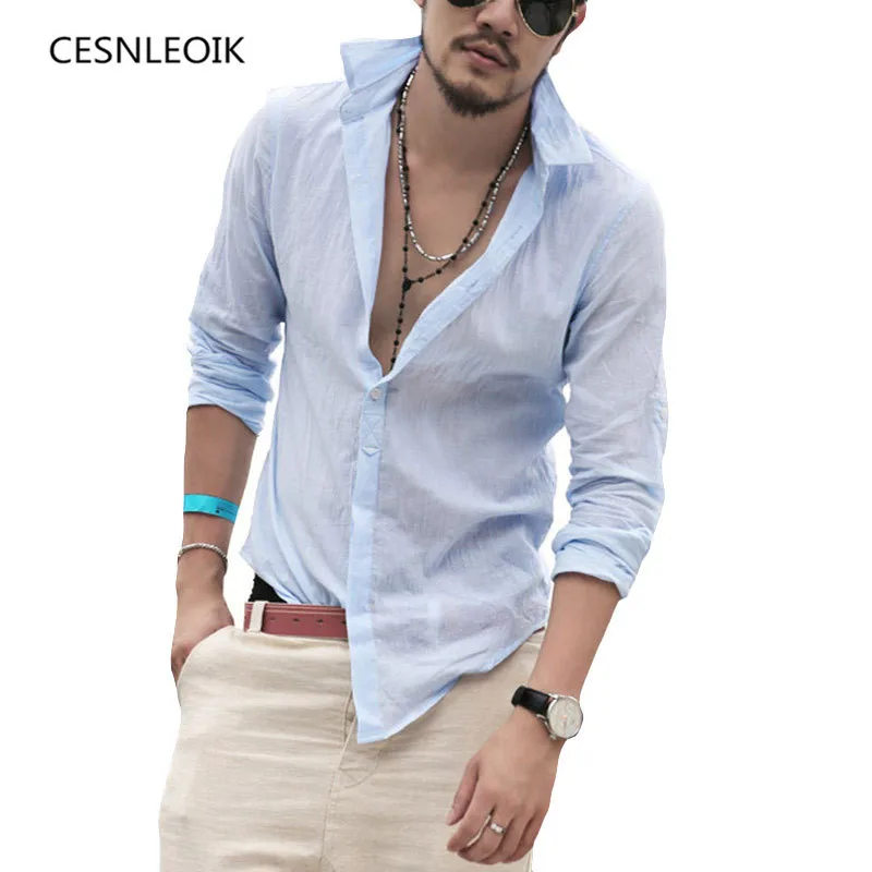 

Plus Size Shirts Cotton Linen Men Shirt Long Sleeve Summer Style Hawaiian Shirts Sexy Slim Fit Men Clothes New Arrival C01