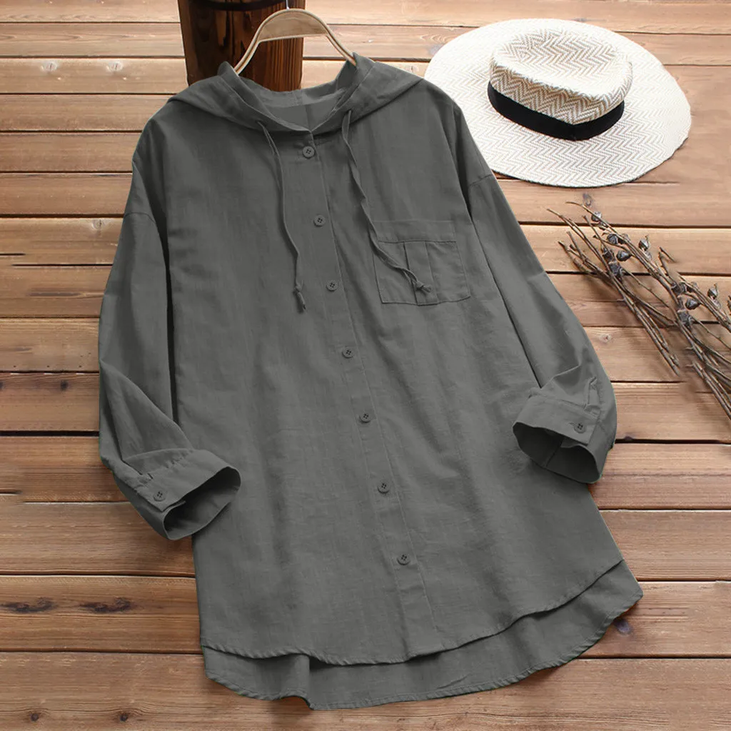 

Women Buttons Down Solid Cotton Linen Blouse Hoodies Long Sleeve Shirt Female Casual Loose Top Work Blusas Femininas 2019 Summer