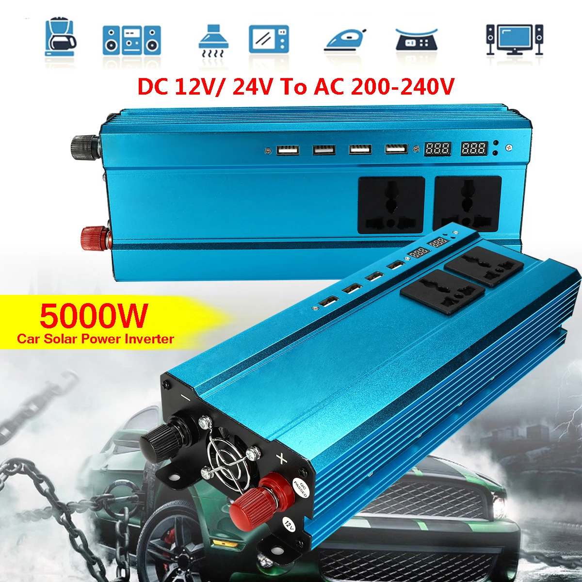 

Voltage Transformer Interface Converter DC 12/24V to AC 220V 4 USB PEAK 5000W Car Solar Power Inverter Blue Overload Universal