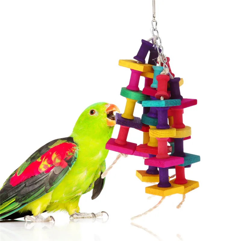 (12pcs/Lot)Colorful Parrot Toy Natural Wood Bird Chew Peck Toys Cage Ladder Standing Accessories
