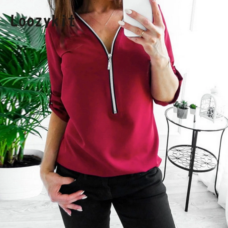 

LOOZYKIT Spring Long Sleeve Women Chiffon T-Shirts Casual Zipper Tee Female Top Solid Basic Clothing poleras de mujer moda 2019