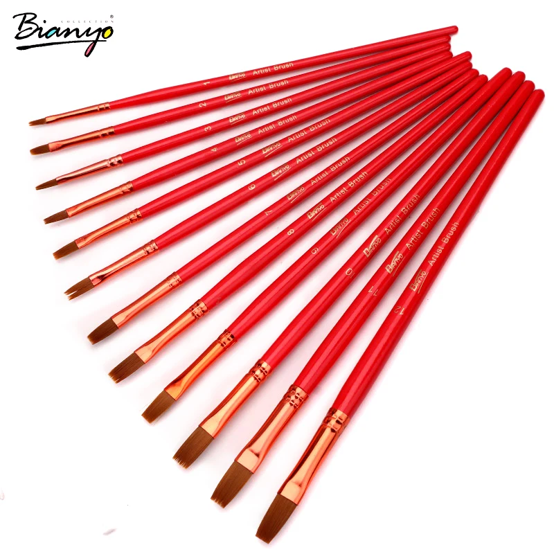 Goedkoop Bianyo 12 Stks Verschillende modellen Platte Nylon Haar Hoofd Aquarel Gouache Borstel Verf Borstels Moderne Schilderen Borstel Set Levert