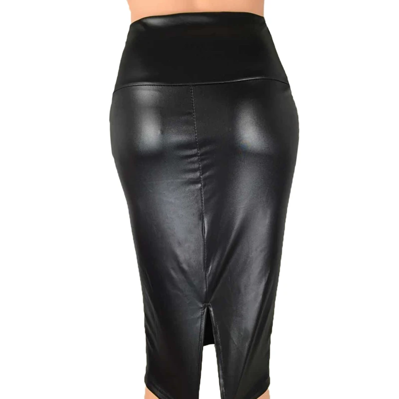 CHSDCSI Pencil Skirts Women PU Leather Skirt Solid Color High Waist Slim Hip Vintage Long Open Slit Clubwear Bodycon Sexy Skirt