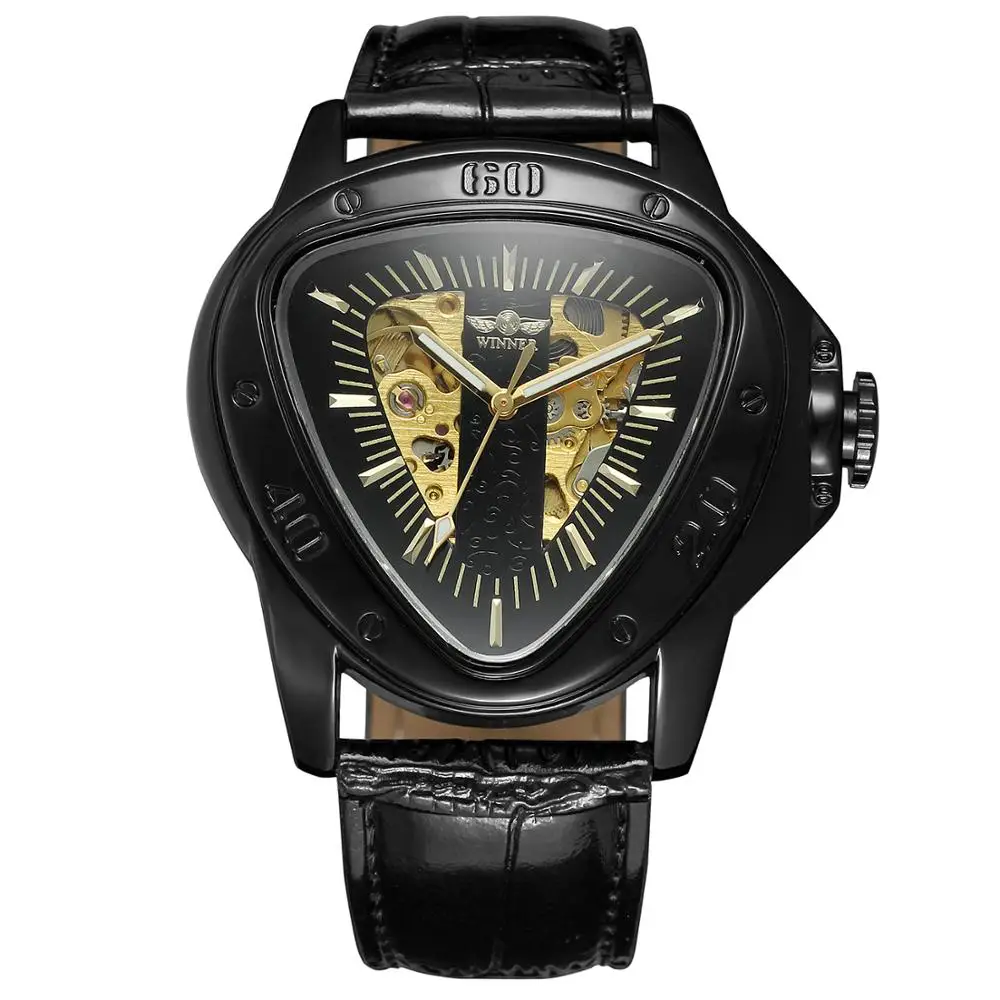 WINNER  Fashion creative triangle surface classical all black three-pointer belt men wrist watch