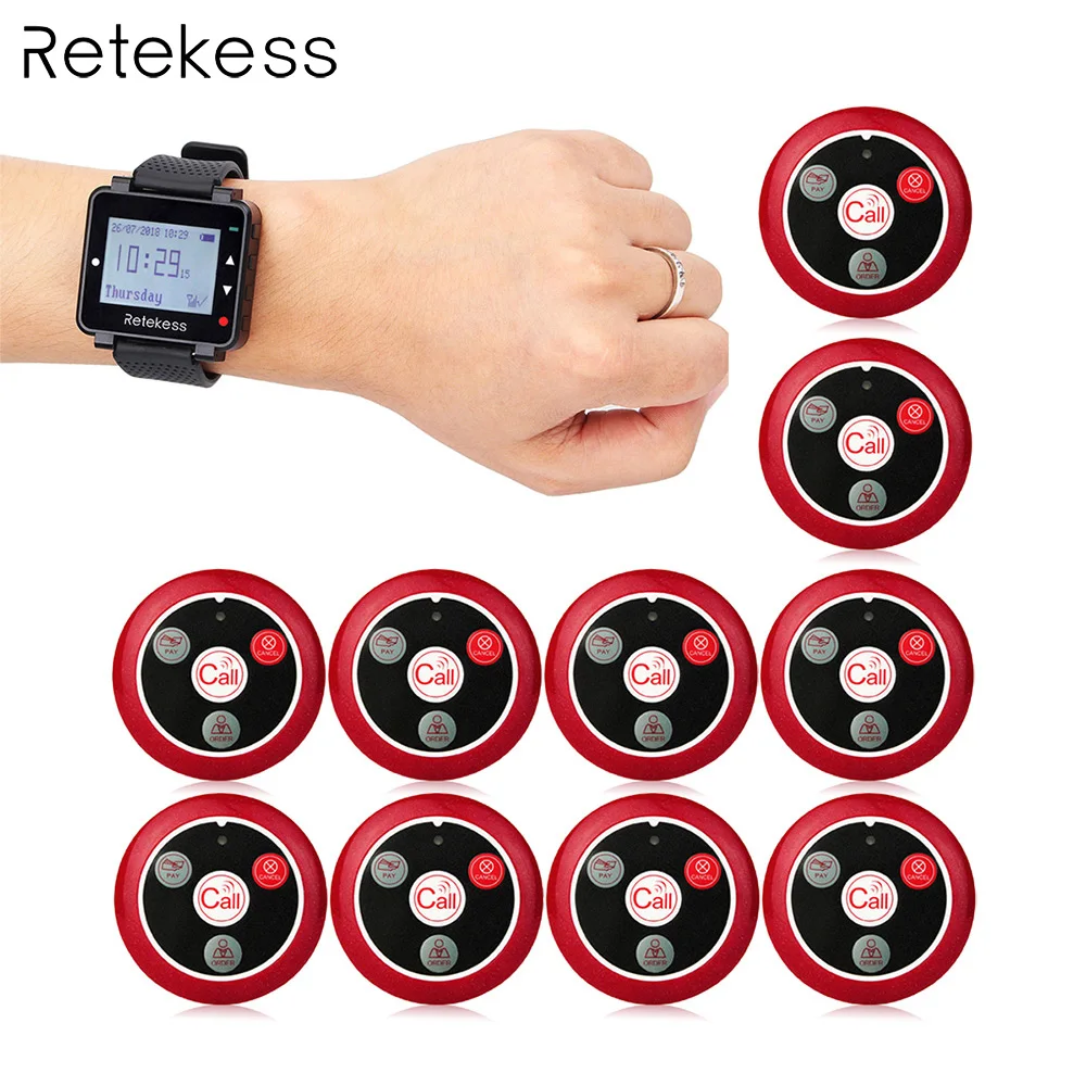 Retekess 433MHz Wireless Calling System Waiter Call Pager Watch Receiver + 10pcs Call Button Restaurant Equipment F9408 Retekess 433MHz Wireless Calling System Waiter Call Pager Watch Receiver + 10pcs Call Button Restaurant Equipment F9408