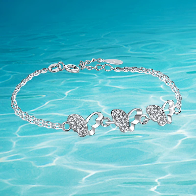 Download Genuine 100% 925 Sterling Silver Butterfly Bracelet Double ...
