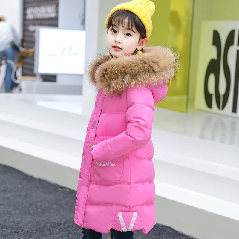 

2018 New Kids Warm Jacket Girl Winter Coat Children Thick Fur Collar Hooded Long Down Coats For Teenage 6-14 Y