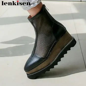

Lenkisen European punk style cow leather zip boots breathable mesh square toe high heels wedges platform ankle summer boots L86