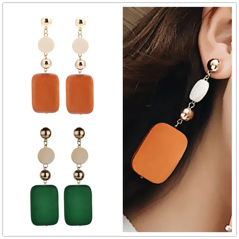 

EK581 New Arrivals Fashion Personality DIY Wooden Geometric Square Round Connection Long Statement Drop Earrings Women Jewelry