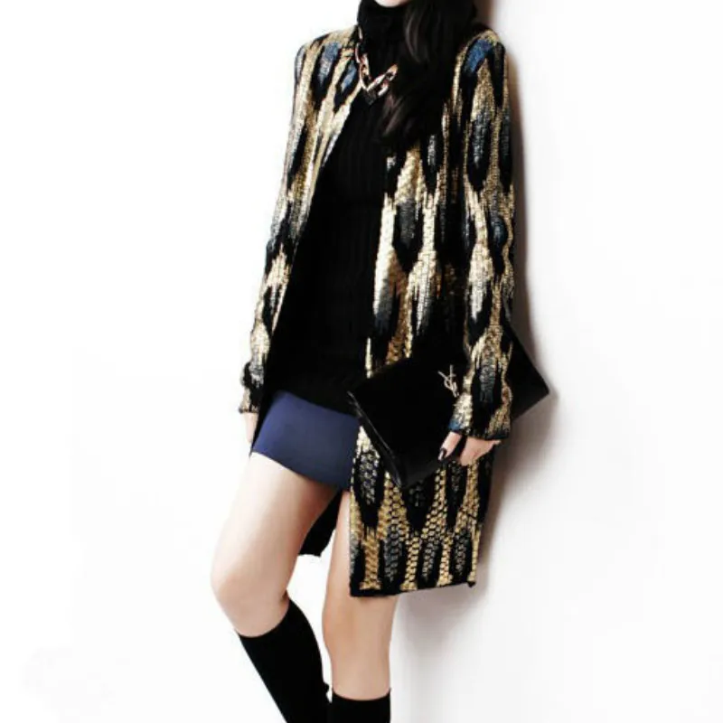 Женский вязаный кардиган бронзового цвета с принтом павлина, OL свитер с леопардовой раскраской, пальто, верхняя одежда со змеиным узором, куртка, верхняя одежда, Осенние Топы