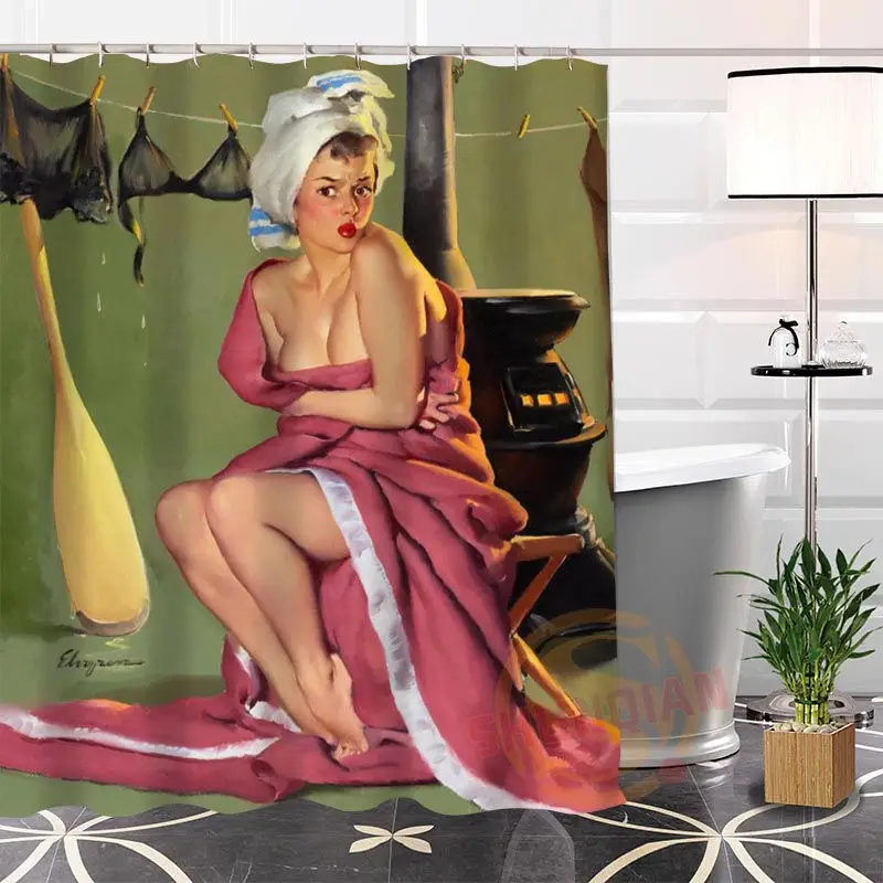 

Waterproof Polyester Fabric 8 Sizes Pin Up Girl Vintage Chic Beauty Sexy Girl Painting Shower Curtain 2018 Hot