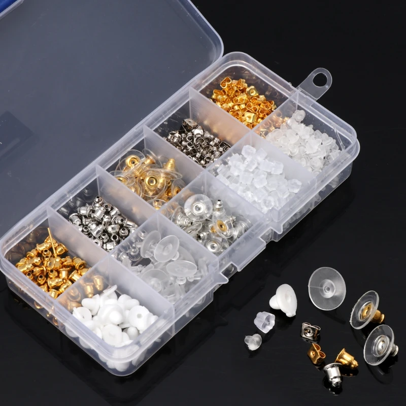 

400Pcs Hypoallergenic Silicone Metal Assorted Earring Backs Box Convenient Ear Plug Combination Set Jewelry Findings