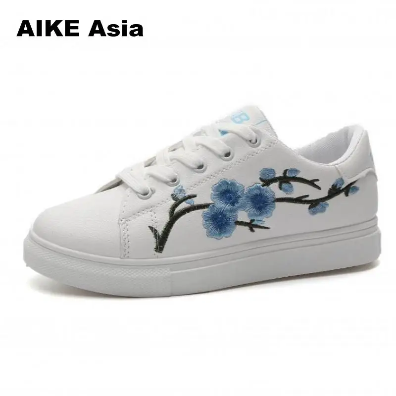

Aike Asia Summer Women Sneakers Fashion Breathble Vulcanized Shoes Pu leather Platform Lace up Casual White embroidered