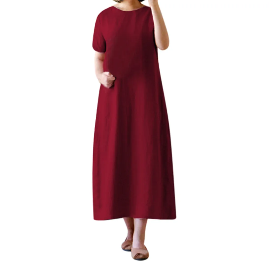 Женское свободное платье с карманами Robe de dames повседневное длинное однотонное