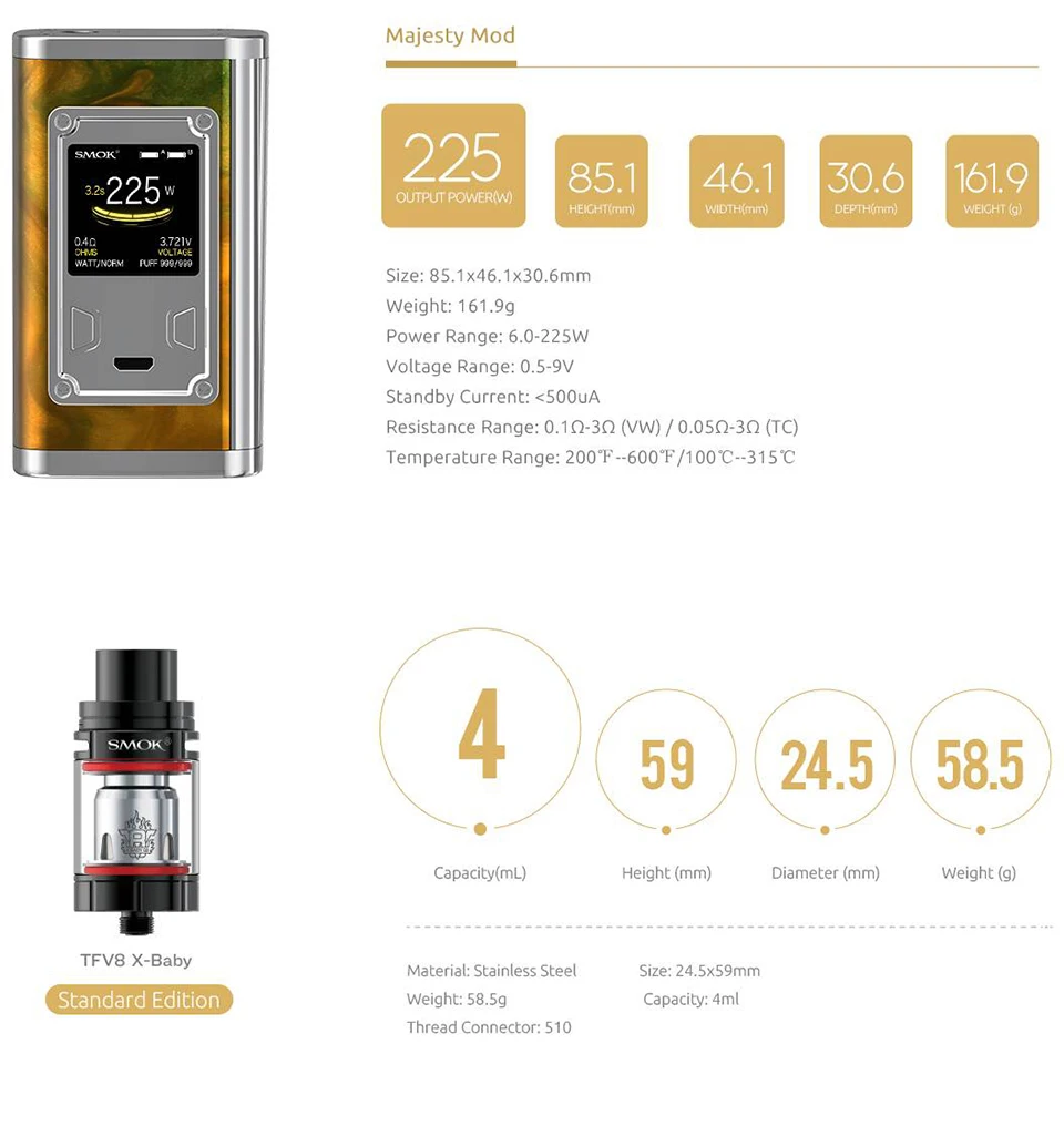 SMOK Majesty 225 Вт Vape мод TC VW 4 мл TFV8 X-BABY испаритель вейп-комплект электронной сигареты VS SMOK Alien X-PRIV