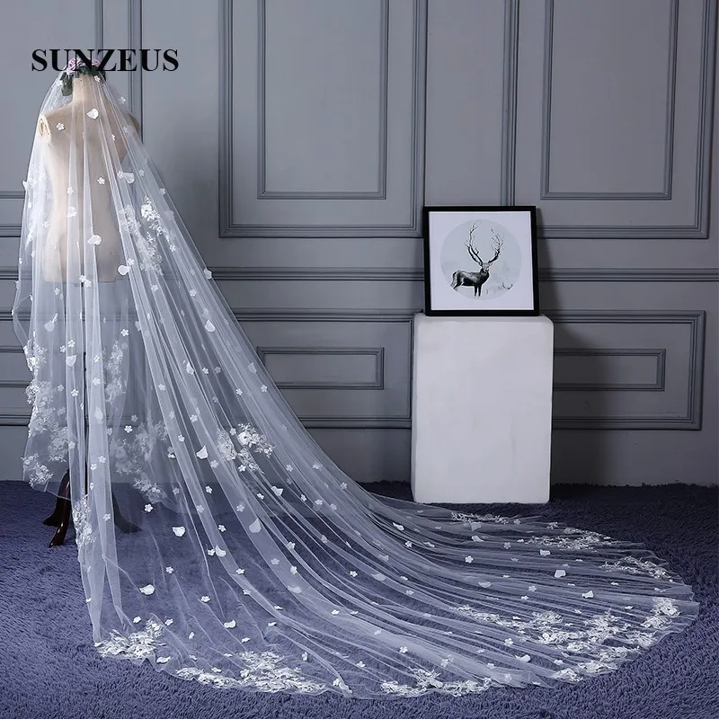 3 Meters Width 4 Meters Long Luxurious Wedding Veils Long Church Bridal Veil with Lace Appliques and Flowers SBV24