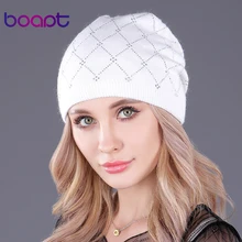 [boapt] двухъярусный шерсть вязаный стразы шапочка колпачки для женская шляпа девушка тепло зимние шапки повседневная кепка женский пол головные уборы шляпа черепа черепах шапка