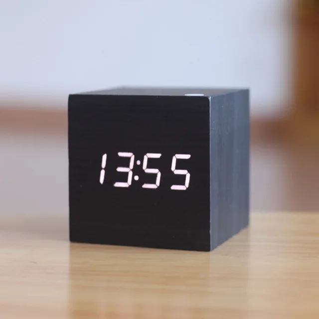 Wooden Led Alarm Clock Cube Model