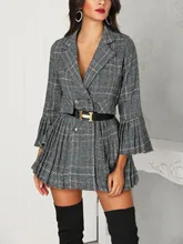 2018 Autumn Women Fashion Elegant Casual Grid Asymmetrical Houndstooth Offie Jacket Ladies Plaid Bell Sleeve Pleated Coat