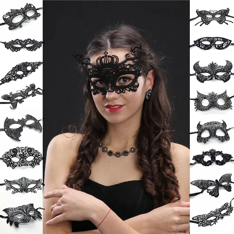 

2pcs 3D Fixed Shape Ladies Sexy Lace Mask for Carnival Halloween Masquerade Half Face Ball Party Mask Black Hollow Out #20