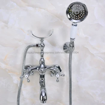 

Polished Chrome Bathtub Mixer Faucet Dual Handle Bath Shower Set with Hand Shower Swivel Tub Spout Nna231