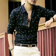 Luxus Männer Langarm-shirt Herren Druck Slim Fit Shirt Casual Mens Drehen unten Kragen Baumwolle Camisa Masculina Floral Shirts