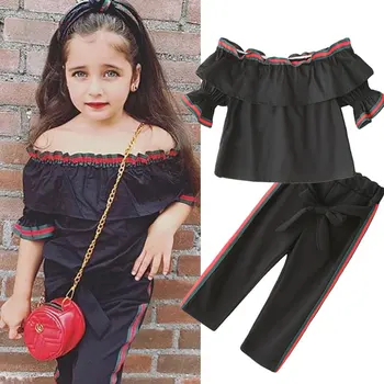

Girls clothes flare sleeve one word collar tops + pants 2 pcs clothing sets children's Europe and America ins summer clothes
