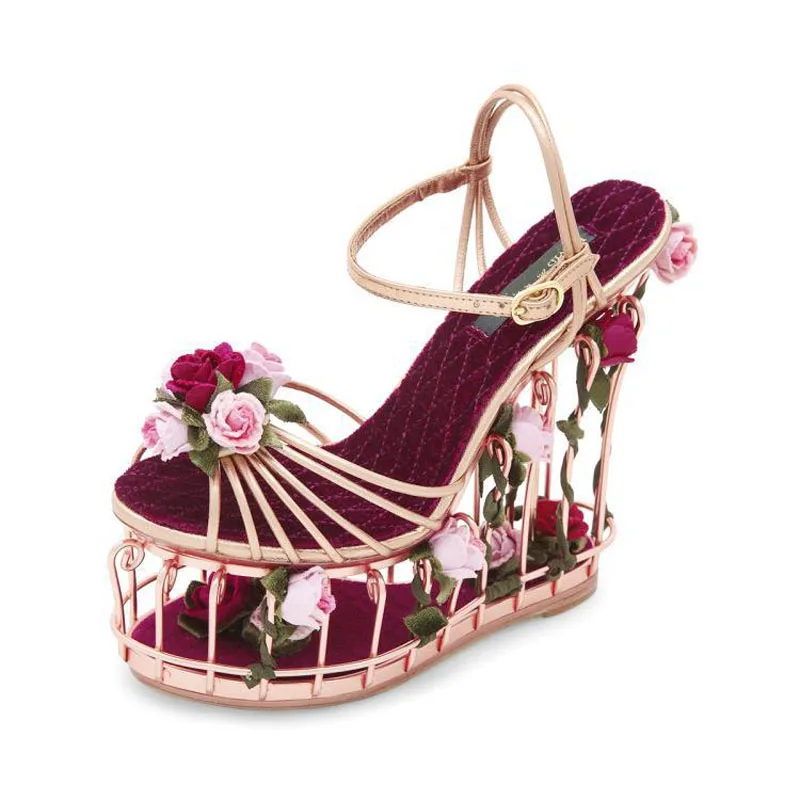 Top Quality Platform Shoes Summer Women Hollow Wedges Rose and Leaves Studded Sandals Wedding/Party Shoes 17CM Super High Heels