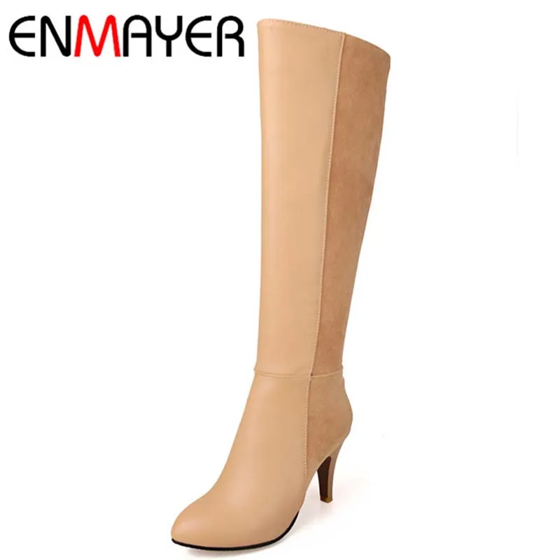 

ENMAYER Big Size 34-43 Advanced PU Leather Pointed Toe Knee-High Thin High Heels Long Boots For Women 3-color New Fashion Boots