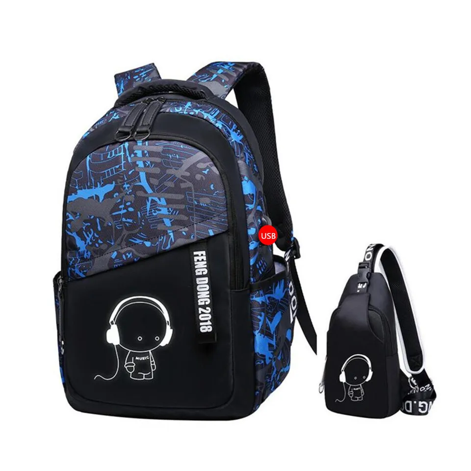 Blue Camouflage FengDong, школьные сумки для мальчиков, водонепроницаемый большой рюкзак для подростков, школьный рюкзак для мальчиков, Студенческая нагрудная сумка, набор - Цвет: Blue Camouflage