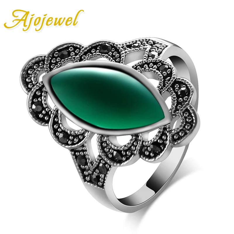 

#7-9 White Gold Plated 2014 Vintage Black Green Stone Ring For Women