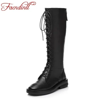 

FACNDINLL 2019 high quality genuine leather boots women zipper autumn winter knee high boots for women platform warm long boots