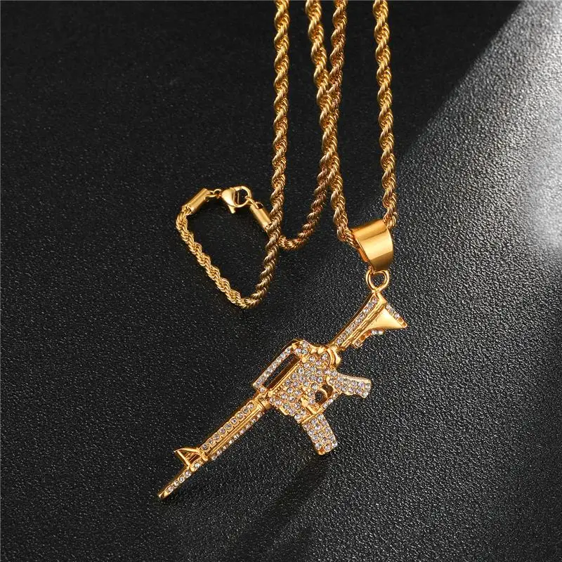 

HIP Hop 316L Stainless Steel Rhinestone Gold Gun Pendants & Necklaces Necklace for Men Jewelry With Rope Chains Dropshipping