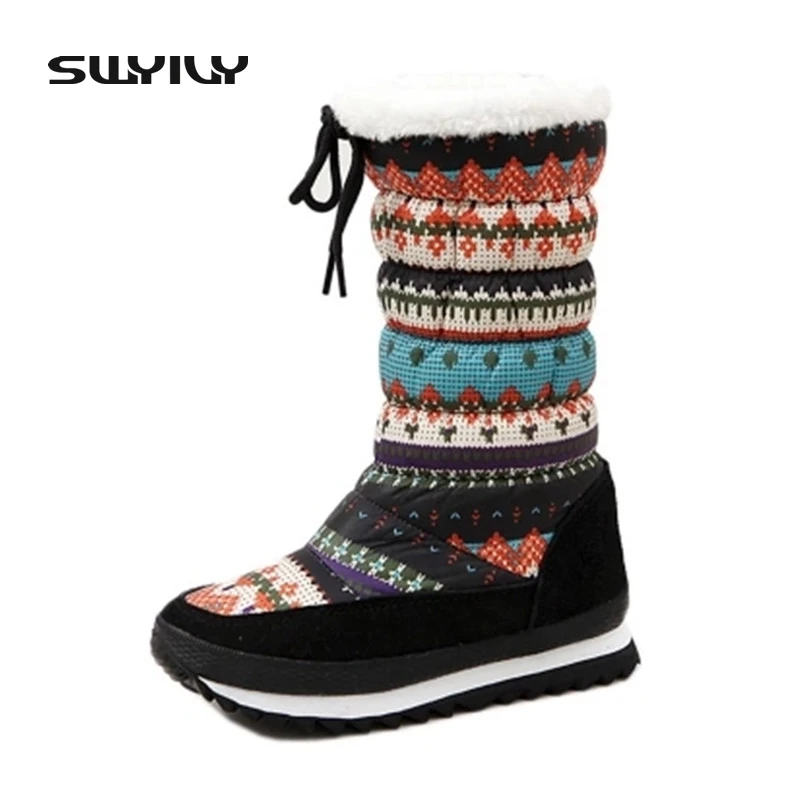 2017 Winter Slim Leg Floral Print Warm Snow Boots For Woman High Top Lacing Flat Female Fur Winter Shoes Non Lsip Cotton Shoes