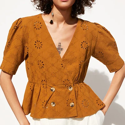 Alwayss женская летняя Элегантная блузка с v-образным вырезом и цветочной вышивкой из хлопка Женская блузка - Цвет: CAMEL