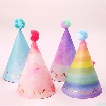 

Kids Birthday Caps Decor Kids Newborn Rainbow DIY Cute Glitter Number Paper Party Hats Birthday Veil Caps Baby Shower