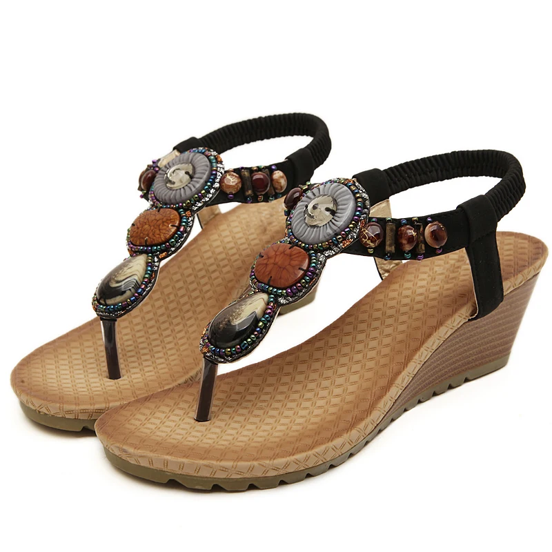 CEYANEAO/женские сандалии на танкетке; пляжные сандалии в богемном стиле; летние сандалии с Т-образным ремешком; цвет черный, бежевый; сандалии размера плюс; BYT531