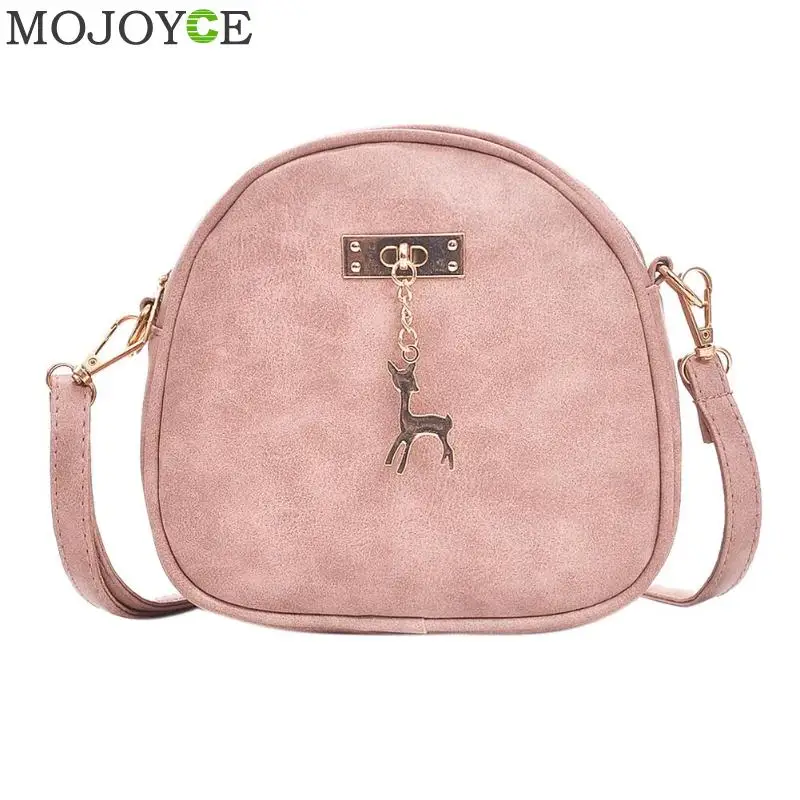 

Cute Zipper PU Leather Shoulder Bag Brand Designer Women Mini Round Messenger Bag Girl Small Handbag with Deer Toy Crossbody Bag