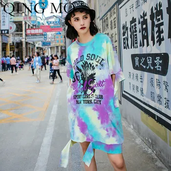 

QING MO Women Irregular Dress Chiffon Women Personality Print Dress Women Appliques O Neck Dress 2020 Summer ZQY700