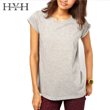 

HYH HAOYIHUI 2018 New Arrival Casual Solid Gray Back Pringted Women T shirt Short Sleeve Pull Over O Neck Tops For Ladies