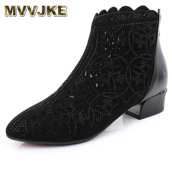 

MVVJKE Women Boots Cow Suede Ankle Boots Lace Summer Boots Zapatos Chaussures Femme Square High Heel Women Shoes
