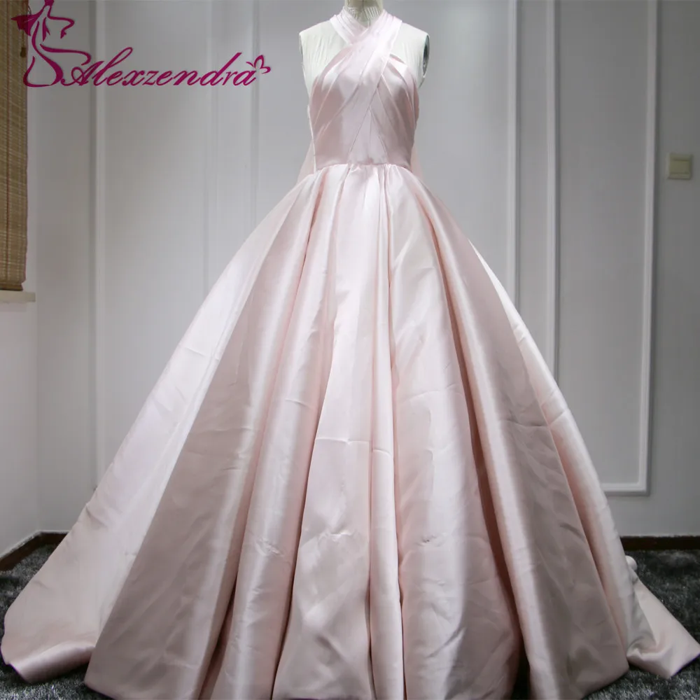 Real Photos Unique Design Pink Ball Gown Satin Wedding