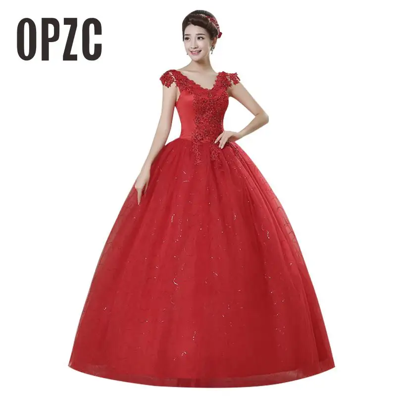 V Neck Appliques New Arrival Korean Style Romantic Red Wedding Dress