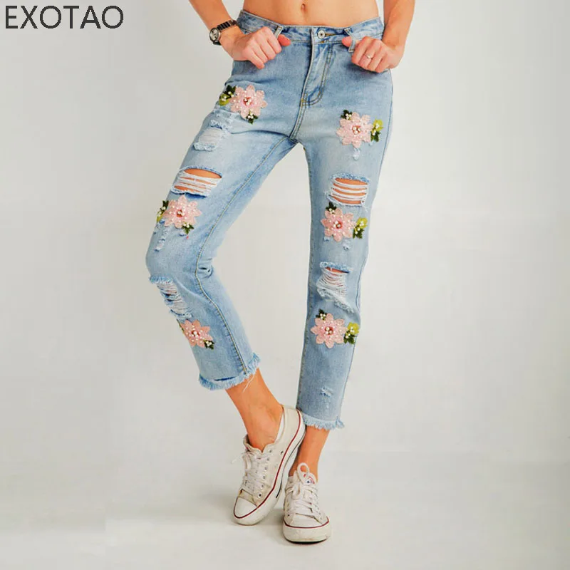 Embroidery high waist woman jeans skinny Vintage Ripped